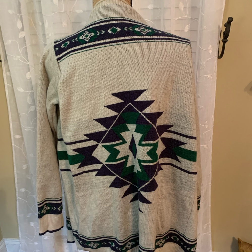 Bo Bel Beige with Dark Green and Purple Fringe Cardigan Sweeter NWT - Picture 10 of 12